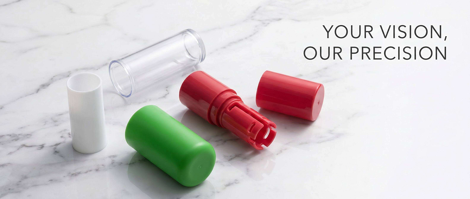Precision injection moulded lipstick outer tubes and middle tubes in clear, white, red and green plastic